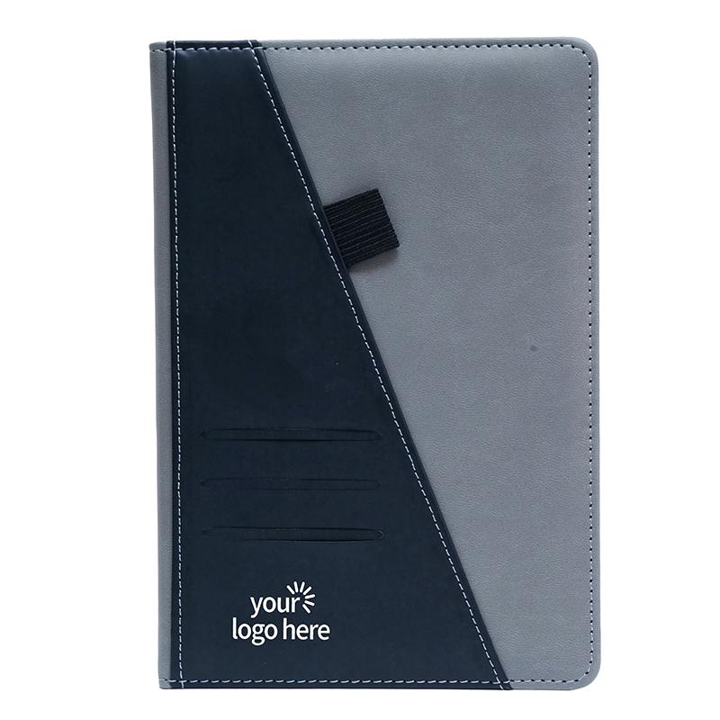 Gray & Black - Pu Leather Notebook With Pen Holder With Logo